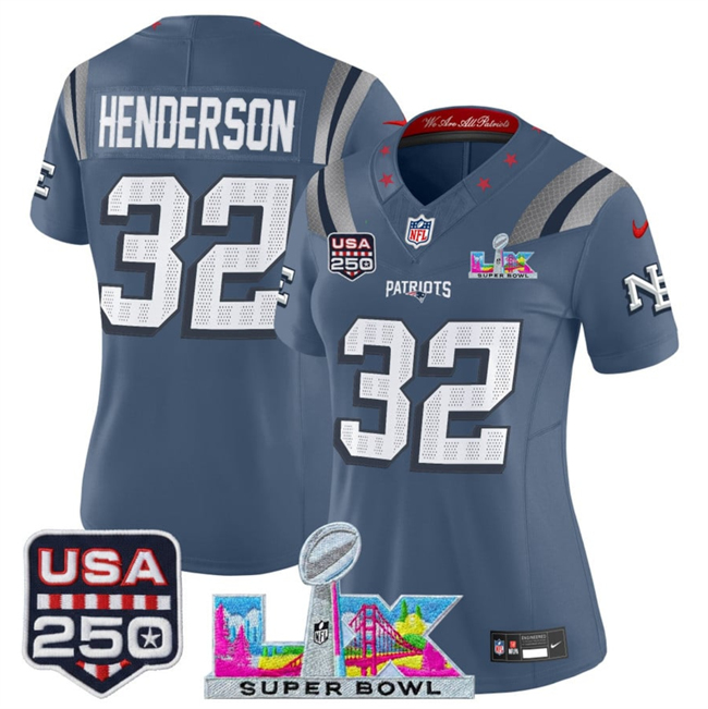Women's New England Patriots #32 TreVeyon Henderson Storm Blue 2025 F.U.S.E. Super Bowl LX & USA 250' Patch “Rivalries” Vapor Limited Football Stitched Jersey(Run Small)